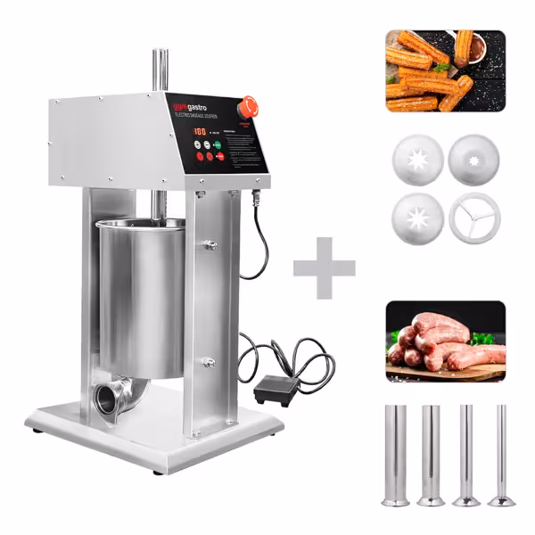Automatische worstenvuller - verticaal - met churrosset - 10l - 90W - RVS - incl. voetpedaal & 4 vulbuizen & 3 churrosvormen