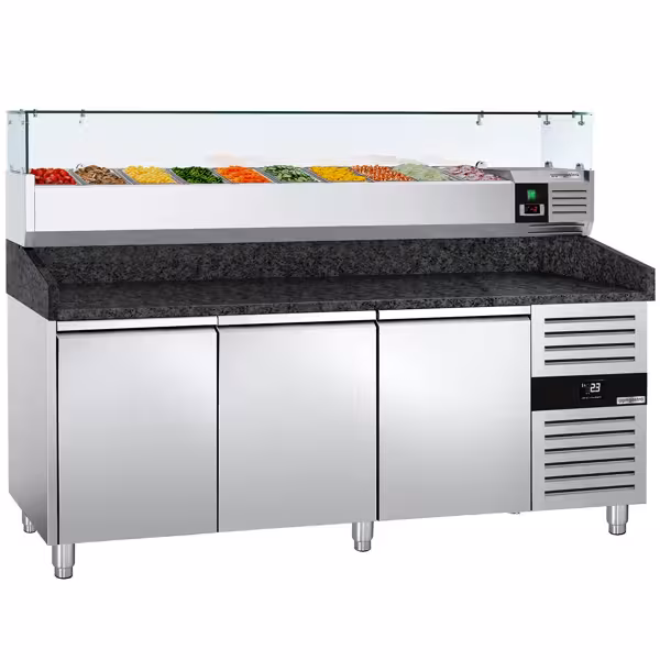 میز یخچالی پریمیوم پیتزا - 2000*800 میلیمتر - 3 درب - 10xGN 1/4 - همراه ویترین رومیزی خنک کننده