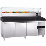 Banco pizza refrigerato PREMIUM - 2025x800mm - con 3 porte - piano in granito - con vetrina ingredienti refrigerata superiore - 10x GN 1/4