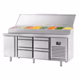 Table réfrigérée de préparation - 1960 x 700 mm - avec 1 porte et 4 tiroirs - avec superstructure en inox 1 x GN 1/2 et 9 x GN 1/3