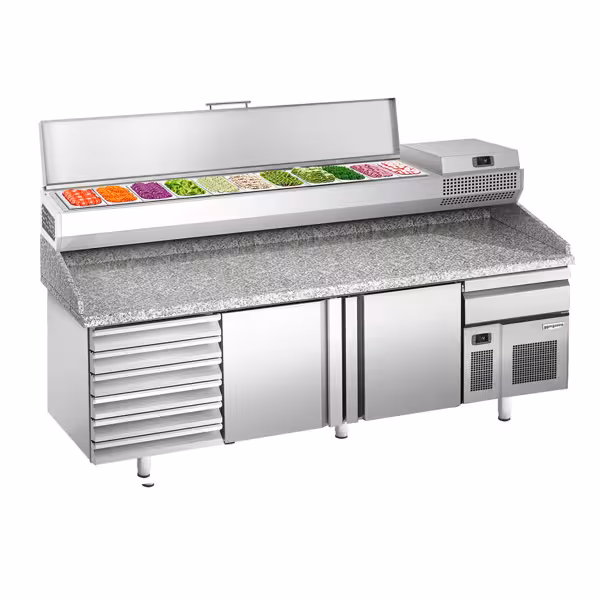 Pizzawerkbank PREMIUM PLUS - 2305x800mm - granieten werkblad - met 2 deuren & 7 laden - incl. koelopzetvitrine - 11x GN 1/4