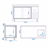 Masă frigorifică PREMIUM PLUS - 1468x700 mm - 305 L - cu 2 uși - bordură - blat lucru