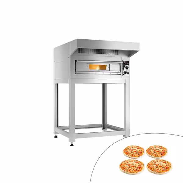 Elektrische pizzaoven (chamotte bakvloer) - 990x990x1580mm - 1 kamer - 1x4 pizza’s Ø35cm - tot 400°C - Handmatig - incl. afzuigkap & onderstel