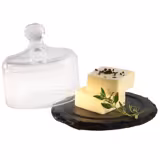(6 pcs) Slate Serving Board - with Glass Cloche - Natural Slate - 2-piece set - Ø105mm - Height: 95mm - Black