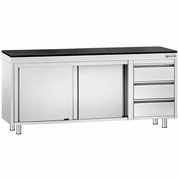 Armoire de travail en acier inoxydable PREMIUM - 2000 x 600 mm - avec 3 tiroirs à droite - plan de travail en granit inclus
