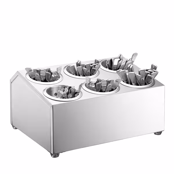 Bestickställ - för 6 bestickcylindrar - 6 behållare - 385x305 mm - Höjd: 200 mm - inkl. 6 bestickcylindrar - rostfritt stål