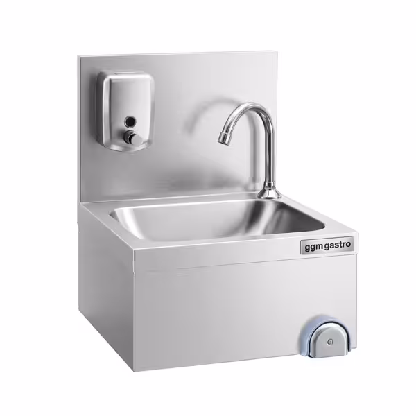 Hand washbasin – with tap, soap dispenser, knee-operated control and high rim