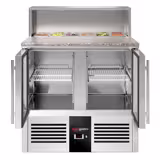 Commercial Saladette Prep Station PREMIUM – 2 Glass Doors – GN 1/1 Pan Well – 450×700 mm – +2 to +8 °C – Granite worktop; GN top 5×1/6