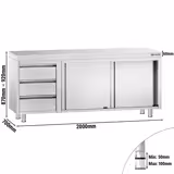 Acero inoxidable Mesa con puertas correderas PREMIUM - 2000x700mm - con 3 cajones izquierda