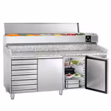 Table réfrigérée à pizza PREMIUM - 2000 x 800 mm - avec 2 portes et 7 tiroirs - incl. vitrine réfrigérée - 10 x GN 1/4