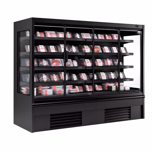 Murale Refrigerato Professionale - 2580mm - 910l - +2°/+4°C - con 4 porte a battente in vetrocamera & 4 ripiani - Nero