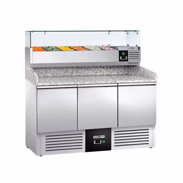 Pizzawerkbank PREMIUM - 1400x700mm - met granieten werkblad - met 3 deuren - incl. glasvitrine - 6x GN 1/4