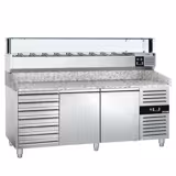 Masă rece pentru pizza PREMIUM - cu blat din granit - 2000x800 mm - cu 2 uși & 7 sertare - cu vitrină de ingrediente cu LED - 10x GN 1/4