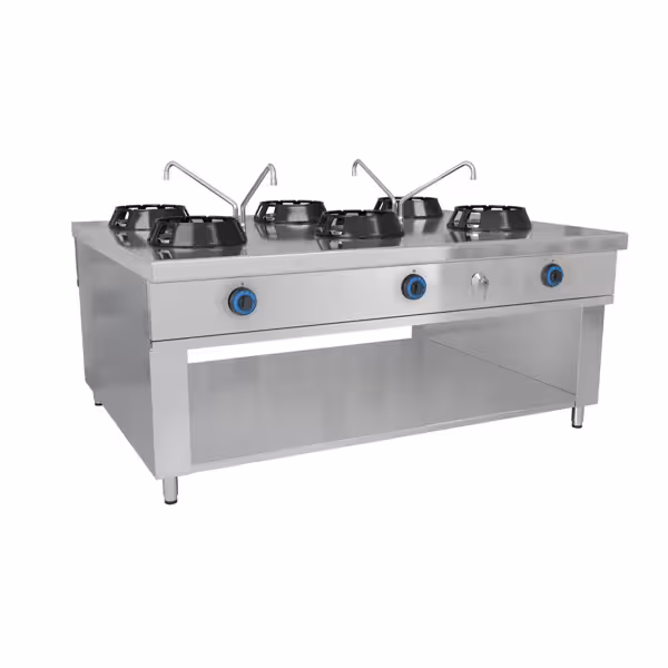 Gas Wok-Herd Insel - 84 kW - 6 Brenner - inkl. 4 Wasserhähnen