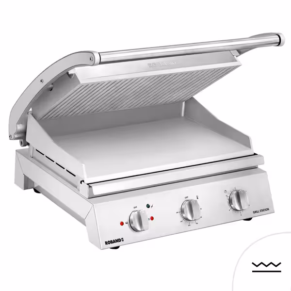 ROBAND | Grill kontaktowy / grill do hamburgerów – 3,1 kW – górna część żebrowana, dolna część gładka – powierzchnia grillowania: 500 x 275 mm