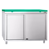 Acero inoxidable Mesa con puertas correderas PREMIUM - para frutas y verduras - 1000x800mm - con estante intermedio - incl. Tabla de corte Verde