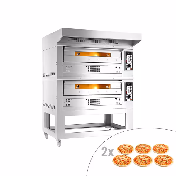 Gas pizzaoven (chamotte bakvloer) - 1450x1450x1960mm - 2 kamers - 2x6 pizza’s Ø33cm - tot 370°C - Handmatig - incl. rvs afzuigkap & onderstel