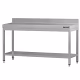 Mesa de trabalho em aço inoxidável ECO - 2000x600mm - com prateleira inferior & com painel traseiro & com travessas de reforço
