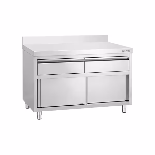 Armoire de travail en acier inoxydable PREMIUM - 1 200 x 600 mm - avec rebord - avec 2 tiroirs et une porte coulissante