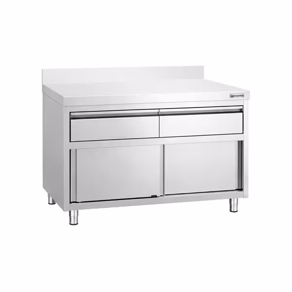 Roestvrijstalen werkkast PREMIUM - 1200 x 600 mm - met opstaande rand - met 2 lades en schuifdeur