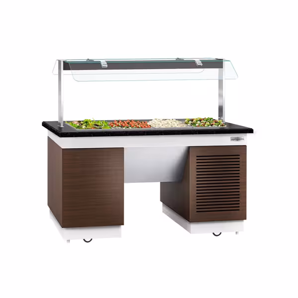 Refrigerated Buffet Display DUBLIN - 1600mm - with Refrigerated Well + Flat Glass Sneeze Guard - on Castors - for 4x GN 1/1