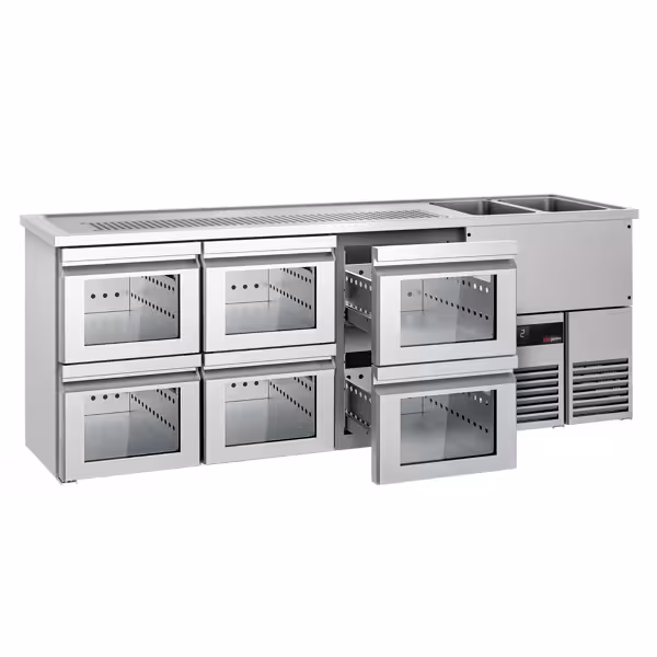 Barowy stół chłodniczy PREMIUM - 2500x700mm - 6 szklanych szuflad