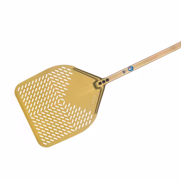 Pizzalapát - GOLD - Eloxált alumínium - téglalap fej - 330x330 mm - perforált - speciális S.H.A. eloxálás - Nyél: alumínium, 120 cm