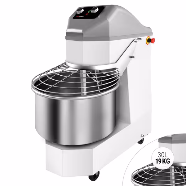 Teigknetmaschine - 30 Liter / 19 kg - 2 Geschwindigkeiten - mit festem Kessel & Rollen - Timerfunktion