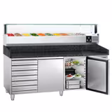 Commercial Pizza Prep Counter - Granite Top PREMIUM - 2025x800mm - with 2 doors & 7 drawers - incl. refrigerated topping unit with glass sneeze guard LED - 10x GN 1/4