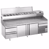 Table réfrigérée à pizza Premium PLUS - 2305x800 mm - avec 2 portes & 3 tiroirs - incl. vitrine réfrigérée pour ingrédients - 11 bacs GN 1/4