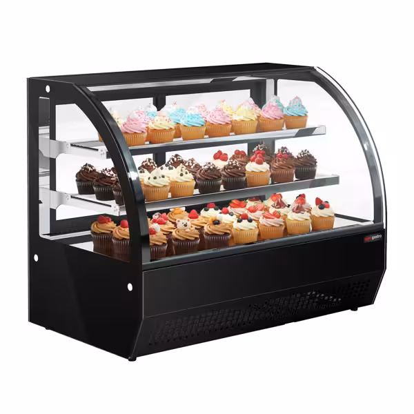 Vitrine Refrigerada de bancada - 105L - 700mm - Vidro duplo - redondo - com 2 prateleiras de vidro - 2 portas traseiras de correr - Preto