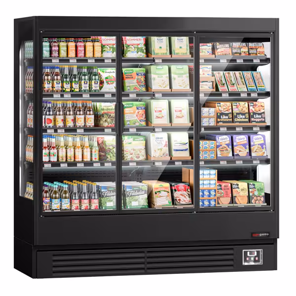 Murale Refrigerato Professionale - 1940mm - 893l - +1°/+5°C - con 3 porte a battente in vetrocamera & 4 ripiani - Nero