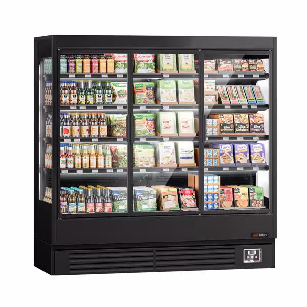 Murale Refrigerato Professionale - 1940mm - 893l - +1°/+5°C - con 3 porte a battente in vetrocamera & 4 ripiani - Nero