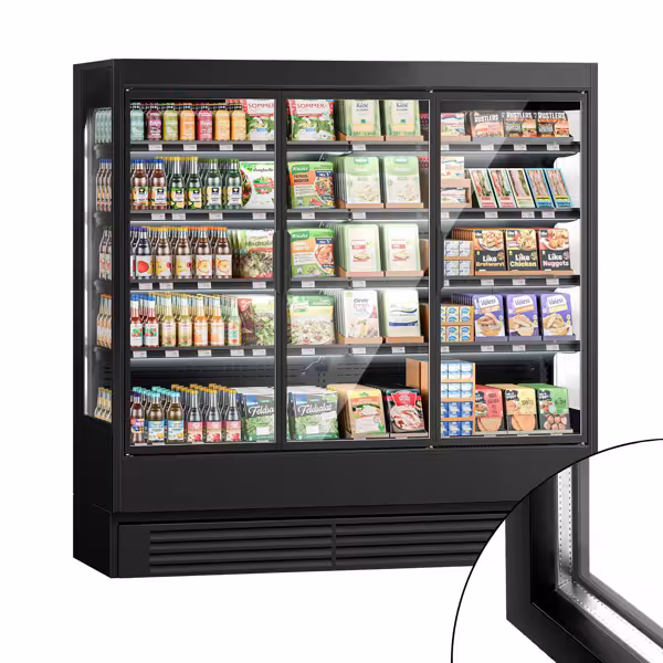 Commercial multideck display fridge - 1940mm - 893L - with 3 hinged glass doors & 4 shelves - Black