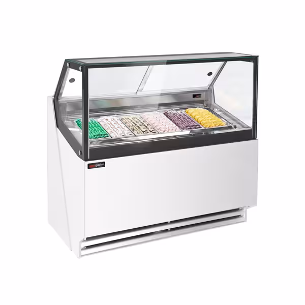 Vetrina Gelato THEO - 1300mm - Refrigerazione ventilata - con Illuminazione LED - per 6x Vasca da gelato da 5 Litri - Sbrinamento automatico - Bianco