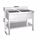 Stainless Steel Commercial Sink Unit PREMIUM - 1000x600mm - with Double Bowl Centre - with Undershelf - with Upstand