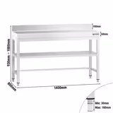 Mesa de trabalho em aço inoxidável PREMIUM - Profissional - 1400x800mm - com prateleira inferior & com painel traseiro & com travessas de reforço