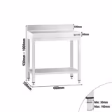 Tavolo da lavoro in acciaio inox PREMIUM - 600x700mm - con ripiano inferiore & alzatina & traversi di rinforzo