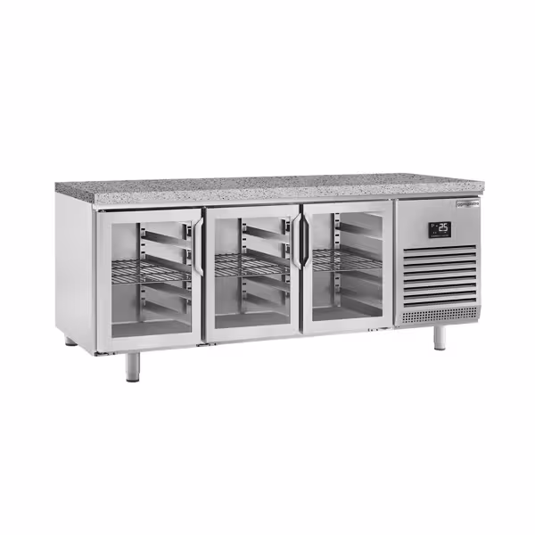 Soğutmalı pastane tezgahı PREMIUM PLUS - 2185x800mm - 3 kapılı - cam kapılı - fanlı soğutma - granit tezgah