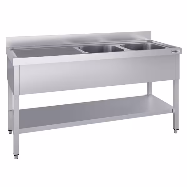 Lava-loiças de aço inoxidável ECO - com base - 2,0 m - 2 lavatórios à direita - C 50 x L 40 x P 25 cm