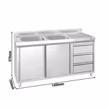 Lavello armadiato PREMIUM - in acciaio inox - 1400x700mm - 3 cassetti - 2 vasche a sinistra