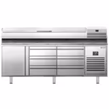 Table réfrigérée à pizza Premium PLUS - 1980x700 mm - avec 1 porte & 6 tiroirs - incl. vitrine réfrigérée - 9x GN 1/4