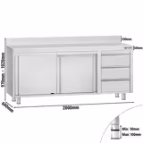 Table armoire en acier inoxydable ECO - 2000x600mm - avec portes coulissantes, 3 tiroirs à droite et étagère basse - avec dosseret
