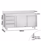 Rozsdamentes acél munkaszekrény ECO - 1800x600 mm - tolóajtós, 3 fiókos – bal oldali fiókblokk, 2 ajtós – hátsó felhajtással