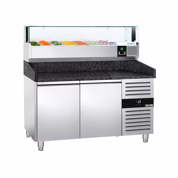 طاولة تحضير بيتزا مبردة PREMIUM - 1500x800 mm - مع بابان - سطح عمل جرانيت - شامل وحدة تبريد علوية مع إضاءة LED - 7x GN 1/4