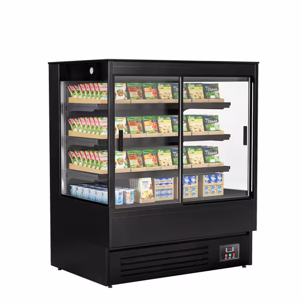 Espositore murale refrigerato - 1200 mm - 390 litri - con 2 porte scorrevoli in vetro e 3 ripiani