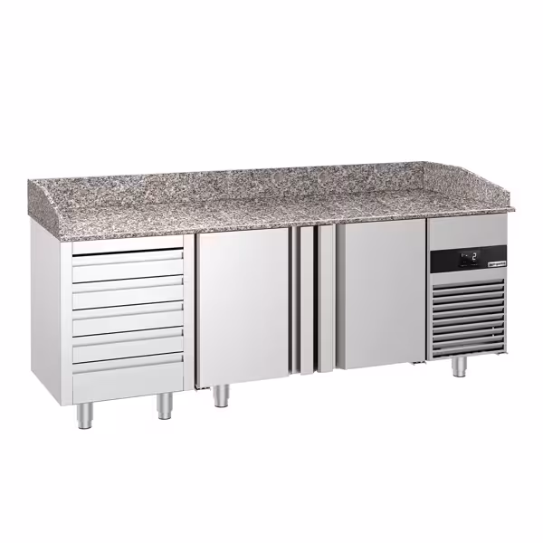 طاولة تحضير بيتزا مبردة PREMIUM - 2100x800 mm - مع بابان و 5 أدراج - سطح عمل جرانيت