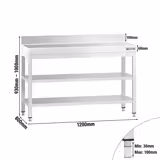 Paslanmaz Çelik Çalışma Tezgahı PREMIUM - 1200x800mm - Taban Raflı - Sırtlı - Ara Raflı - Takviyeli