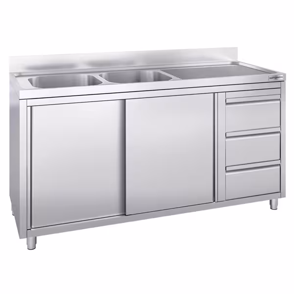 Spoelbakkast - 2000x700mm - met 3 laden & 2 spoelbakken links