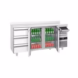 Arrière-bar réfrigéré professionnel PREMIUM - 2130 x 600 mm - avec 2 portes et 3 tiroirs - avec dosseret - avec tiroir à marc de café